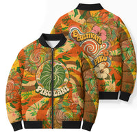 Hawaiian Piko Lani Cultivate I Ka Piko Aloha Bomber Puffer Jacket Retro Psychedelic Taro Leaf - Hibiscus Flowers