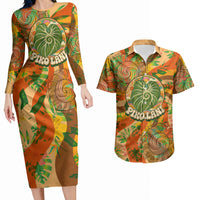 Hawaiian Piko Lani Cultivate I Ka Piko Aloha Couples Matching Long Sleeve Bodycon Dress and Hawaiian Shirt Retro Psychedelic Taro Leaf - Hibiscus Flowers