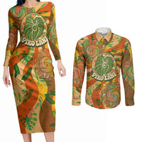 Hawaiian Piko Lani Cultivate I Ka Piko Aloha Couples Matching Long Sleeve Bodycon Dress and Long Sleeve Button Shirt Retro Psychedelic Taro Leaf - Hibiscus Flowers