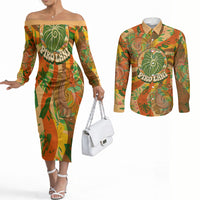 Hawaiian Piko Lani Cultivate I Ka Piko Aloha Couples Matching Off The Shoulder Long Sleeve Dress and Long Sleeve Button Shirt Retro Psychedelic Taro Leaf - Hibiscus Flowers