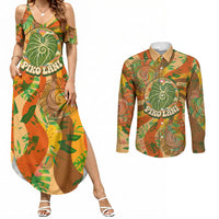Hawaiian Piko Lani Cultivate I Ka Piko Aloha Couples Matching Summer Maxi Dress and Long Sleeve Button Shirt Retro Psychedelic Taro Leaf - Hibiscus Flowers