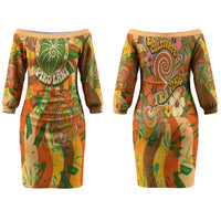 Hawaiian Piko Lani Cultivate I Ka Piko Aloha Family Matching Off The Shoulder Long Sleeve Dress and Hawaiian Shirt Retro Psychedelic Taro Leaf - Hibiscus Flowers