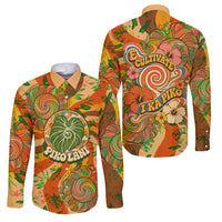 Hawaiian Piko Lani Cultivate I Ka Piko Aloha Family Matching Off Shoulder Maxi Dress and Hawaiian Shirt Retro Psychedelic Taro Leaf - Hibiscus Flowers