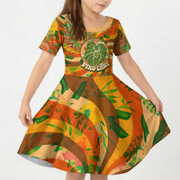 Hawaiian Piko Lani Cultivate I Ka Piko Aloha Kid Short Sleeve Dress Retro Psychedelic Taro Leaf - Hibiscus Flowers