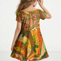 Hawaiian Piko Lani Cultivate I Ka Piko Aloha Kid Short Sleeve Dress Retro Psychedelic Taro Leaf - Hibiscus Flowers TS04 - Polynesian Pride