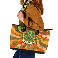 Hawaiian Piko Lani Cultivate I Ka Piko Aloha Leather Tote Bag Retro Psychedelic Taro Leaf - Hibiscus Flowers