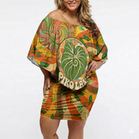 Hawaiian Piko Lani Cultivate I Ka Piko Aloha Off Shoulder Short Dress Retro Psychedelic Taro Leaf - Hibiscus Flowers TS04 Women Orange Green - Polynesian Pride