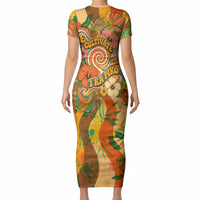 Hawaiian Piko Lani Cultivate I Ka Piko Aloha Short Sleeve Bodycon Dress Retro Psychedelic Taro Leaf - Hibiscus Flowers TS04 - Polynesian Pride