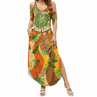 Hawaiian Piko Lani Cultivate I Ka Piko Aloha Summer Maxi Dress Retro Psychedelic Taro Leaf - Hibiscus Flowers TS04 Women Orange Green - Polynesian Pride