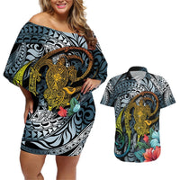 Hawaii Turtle Couples Matching Off Shoulder Short Dress and Hawaiian Shirt Hawaii Pattern and Turtle Tattoo Dark Cyan Gradient TS04 Gradient - Polynesian Pride