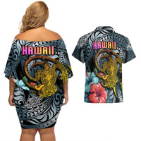 Hawaii Turtle Couples Matching Off Shoulder Short Dress and Hawaiian Shirt Hawaii Pattern and Turtle Tattoo Dark Cyan Gradient TS04 - Polynesian Pride