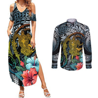 Hawaii Turtle Couples Matching Summer Maxi Dress and Long Sleeve Button Shirts Hawaii Pattern and Turtle Tattoo Dark Cyan Gradient TS04 Gradient - Polynesian Pride