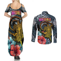 Hawaii Turtle Couples Matching Summer Maxi Dress and Long Sleeve Button Shirts Hawaii Pattern and Turtle Tattoo Dark Cyan Gradient TS04 - Polynesian Pride