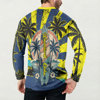 Waimanalo Oahu Hawaii Surfing Button Sweatshirt Tropical Beach Retro Sunburst Surfboard