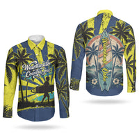 Waimanalo Oahu Hawaii Surfing Couples Matching Off Shoulder Maxi Dress and Long Sleeve Button Shirt Tropical Beach Retro Sunburst Surfboard