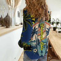 Waimanalo Oahu Hawaii Surfing Women Casual Shirt Tropical Beach Retro Sunburst Surfboard