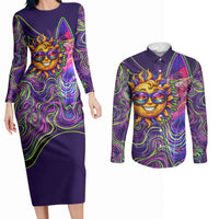 Waimanalo Hawaii Sun Rabbit Couples Matching Long Sleeve Bodycon Dress and Long Sleeve Button Shirt Psychedelic Trippy Neon Swirl Graphic