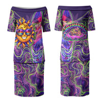 Waimanalo Hawaii Sun Rabbit Couples Matching Puletasi and Long Sleeve Button Shirt Psychedelic Trippy Neon Swirl Graphic