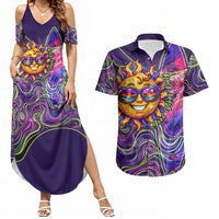 Waimanalo Hawaii Sun Rabbit Couples Matching Summer Maxi Dress and Hawaiian Shirt Psychedelic Trippy Neon Swirl Graphic