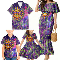 Waimanalo Hawaii Sun Rabbit Family Matching Mermaid Dress and Hawaiian Shirt Psychedelic Trippy Neon Swirl Graphic
