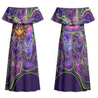 Waimanalo Hawaii Sun Rabbit Family Matching Off Shoulder Maxi Dress and Hawaiian Shirt Psychedelic Trippy Neon Swirl Graphic
