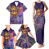 Waimanalo Hawaii Sun Rabbit Family Matching Tank Maxi Dress and Hawaiian Shirt Psychedelic Trippy Neon Swirl Graphic