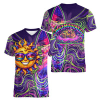 Waimanalo Hawaii Sun Rabbit Women V-Neck T-Shirt Psychedelic Trippy Neon Swirl Graphic
