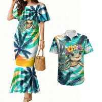 Hawaii Waimanalo Sea Turtle Couples Matching Mermaid Dress and Hawaiian Shirt Cute Tropical Beach Aloha Spirit Cartoon