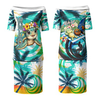 Hawaii Waimanalo Sea Turtle Couples Matching Puletasi and Hawaiian Shirt Cute Tropical Beach Aloha Spirit Cartoon