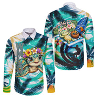 Hawaii Waimanalo Sea Turtle Family Matching Off The Shoulder Long Sleeve Dress and Hawaiian Shirt Cute Tropical Beach Aloha Spirit Cartoon