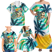 Hawaii Waimanalo Sea Turtle Family Matching Off Shoulder Maxi Dress and Hawaiian Shirt Cute Tropical Beach Aloha Spirit Cartoon