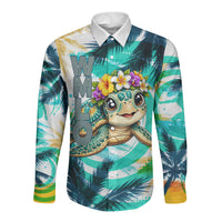 Hawaii Waimanalo Sea Turtle Long Sleeve Button Shirt Cute Tropical Beach Aloha Spirit Cartoon