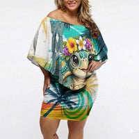 Hawaii Waimanalo Sea Turtle Off Shoulder Short Dress Cute Tropical Beach Aloha Spirit Cartoon