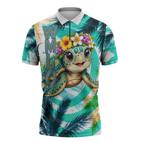 Hawaii Waimanalo Sea Turtle Zipper Polo Shirt Cute Tropical Beach Aloha Spirit Cartoon