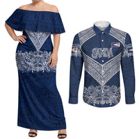 American Samoa Eagle Couples Matching Off Shoulder Maxi Dress and Long Sleeve Button Shirt Sea Turtle Traditional Polynesian Tribal Tattoo