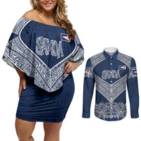 American Samoa Eagle Couples Matching Off Shoulder Short Dress and Long Sleeve Button Shirt Sea Turtle Traditional Polynesian Tribal Tattoo