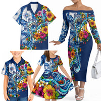 American Samoa Pago Pago Family Matching Off The Shoulder Long Sleeve Dress and Hawaiian Shirt Sea Turtle And Fruit Bat - Tropical Hibiscus Flowers Polynesian