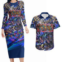 American Samoa Warrior Couples Matching Long Sleeve Bodycon Dress and Hawaiian Shirt Polynesian Fruit Bat Talofa Urban Graffiti Street Art