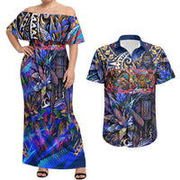 American Samoa Warrior Couples Matching Off Shoulder Maxi Dress and Hawaiian Shirt Polynesian Fruit Bat Talofa Urban Graffiti Street Art