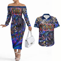 American Samoa Warrior Couples Matching Off The Shoulder Long Sleeve Dress and Hawaiian Shirt Polynesian Fruit Bat Talofa Urban Graffiti Street Art