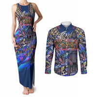 American Samoa Warrior Couples Matching Tank Maxi Dress and Long Sleeve Button Shirt Polynesian Fruit Bat Talofa Urban Graffiti Street Art
