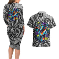 Chur Bro Shaka Sign Couples Matching Long Sleeve Bodycon Dress and Hawaiian Shirt New Zealand Koru Colorful Graffiti Splash TS04 - Polynesian Pride