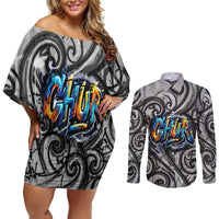 Chur Bro Shaka Sign Couples Matching Off Shoulder Short Dress and Long Sleeve Button Shirt New Zealand Koru Colorful Graffiti Splash
