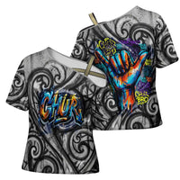 Chur Bro Shaka Sign Cross Shoulder Shirt New Zealand Koru Colorful Graffiti Splash