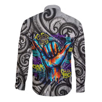 Chur Bro Shaka Sign Long Sleeve Button Shirt New Zealand Koru Colorful Graffiti Splash