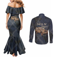 New Zealand She’ll Be Right Couples Matching Mermaid Dress and Long Sleeve Button Shirt NZ Slang No. 8 Wire Map Pattern