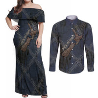 New Zealand She’ll Be Right Couples Matching Off Shoulder Maxi Dress and Long Sleeve Button Shirt NZ Slang No. 8 Wire Map Pattern