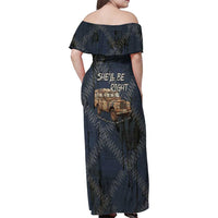 New Zealand She’ll Be Right Family Matching Off Shoulder Maxi Dress and Hawaiian Shirt NZ Slang No. 8 Wire Map Pattern