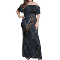 New Zealand She’ll Be Right Off Shoulder Maxi Dress NZ Slang No. 8 Wire Map Pattern