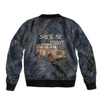 New Zealand She’ll Be Right Sleeve Zip Bomber Jacket NZ Slang No. 8 Wire Map Pattern